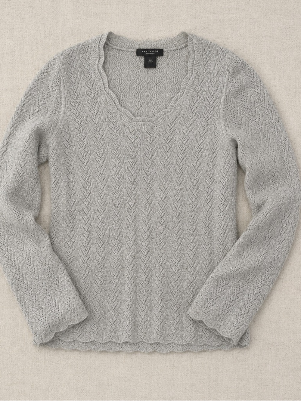 Ann Taylor Cashmere Metallic Open Knit Scalloped Sweater Gray XS/S Lightweight - Picture 6 of 9